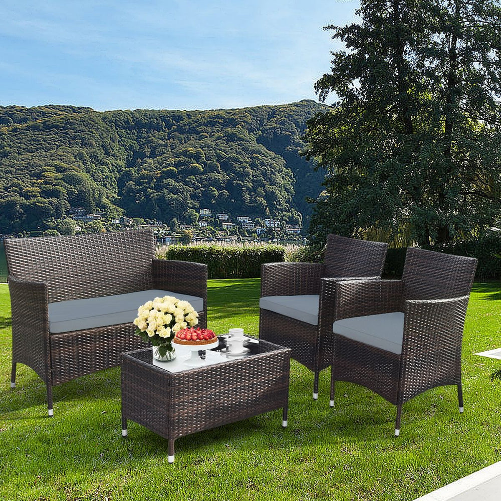 Salon de Jardin 4 PCS Mobilier de Terrasse en Rotin PE pour Véranda Patio Terrasse Piscine Marron et Gris -