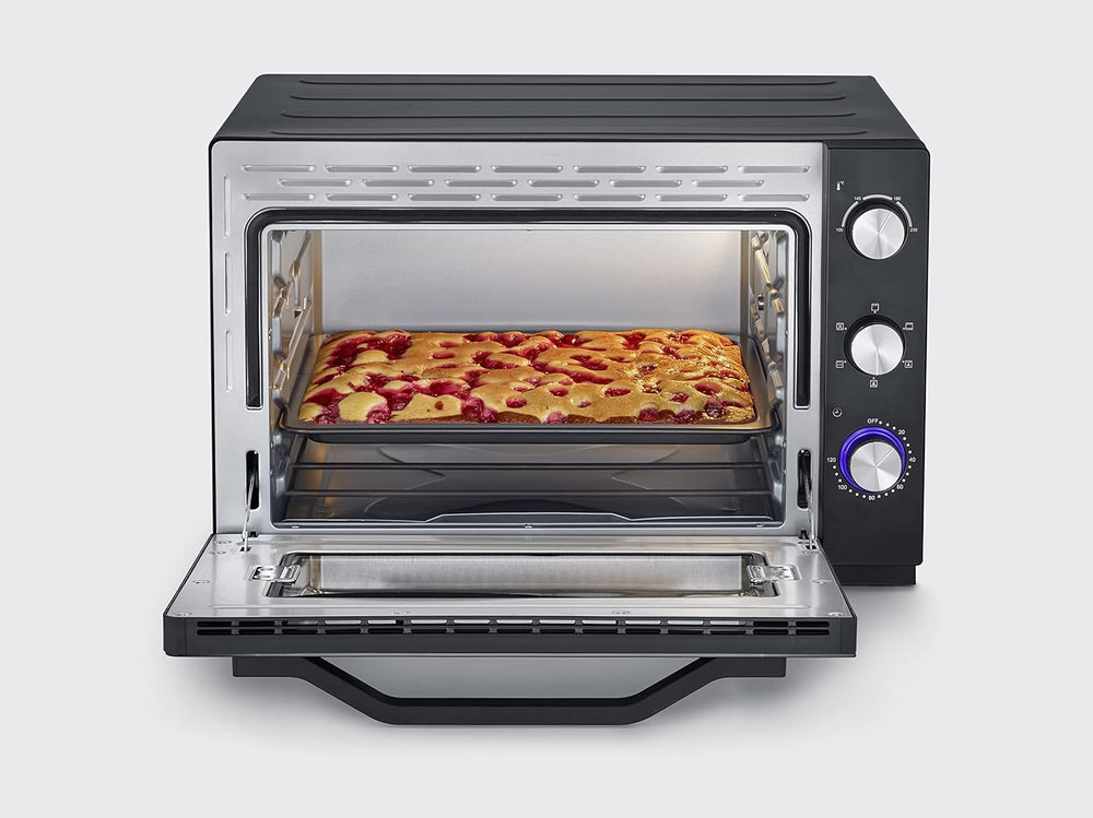 SEVERIN Four posable XXL à Chaleur Tournante 60 L avec pierre à pizza et tournebroche 2 200 W design simple et élégant, Four électrique avec minuteur 120 min, Noir/Inox, TO 2073