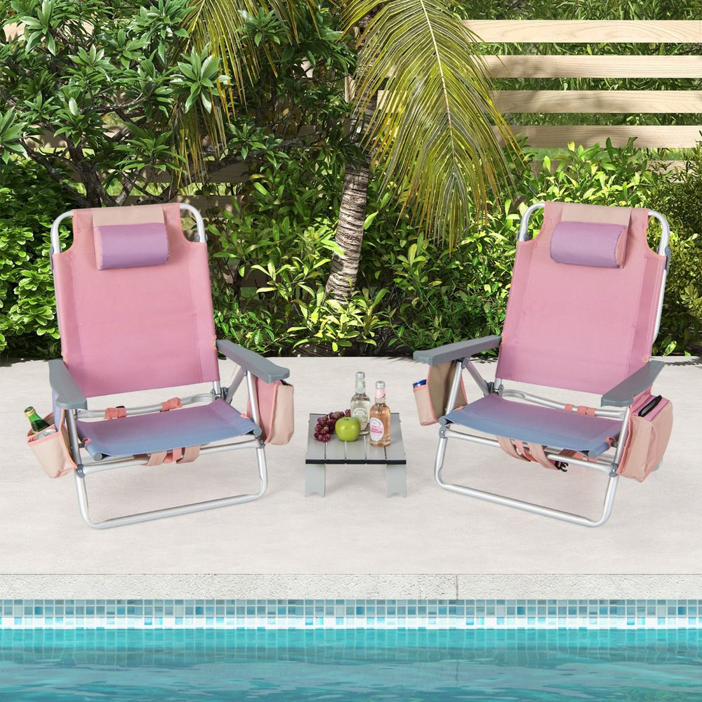 Lot de 2 Chaises de Camping Plage Pliante Table Enroulable en Aluminium Appui-tête Dossier Réglable à 5 Positions 6 Couleurs au Choix -