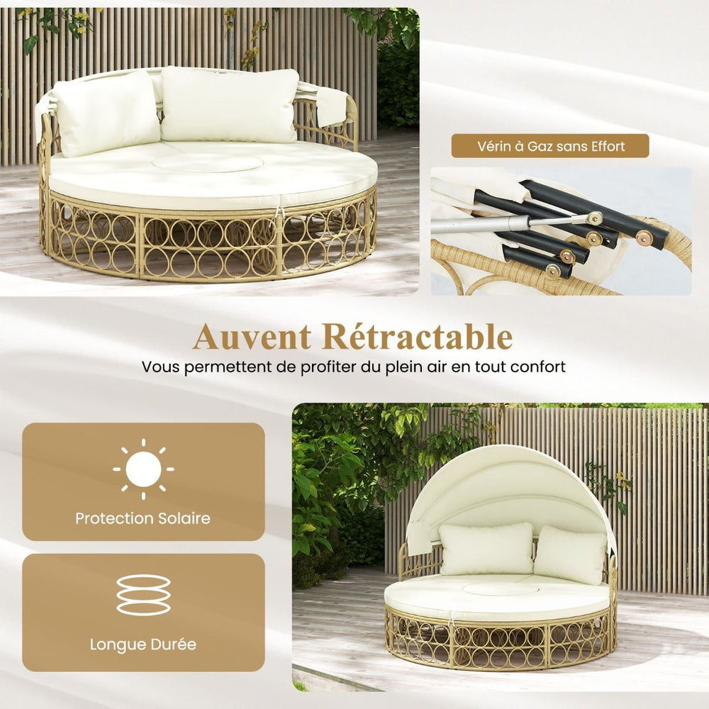 Lit de Repos Rond pour Patio avec Auvent Rtractable Ensemble de Sige Sectionnels Spars en Rotin PE avec Coussins Doux Blanc -
