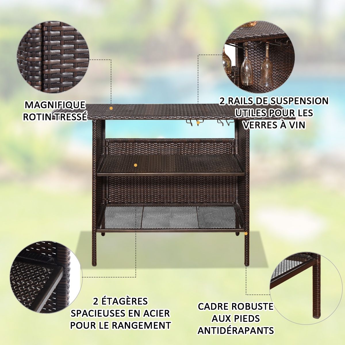 Table de Bar de Jardin en Résine Tressée avec 2 Etagères de Rangement 2 de Rails pour Porte-Verres Marron -