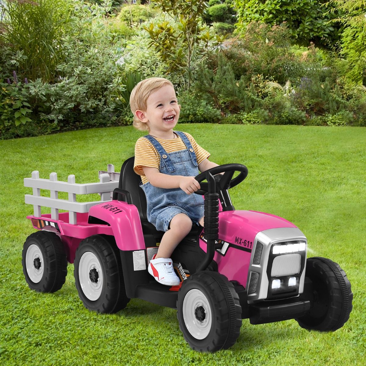 Tracteur Electrique avec Remorque pour Enfants 3 Vitesses Lumires LED Fonctions o USB et Bluetooth Jaune/Rose/Rouge/Vert/Vert Fonc/Noir -