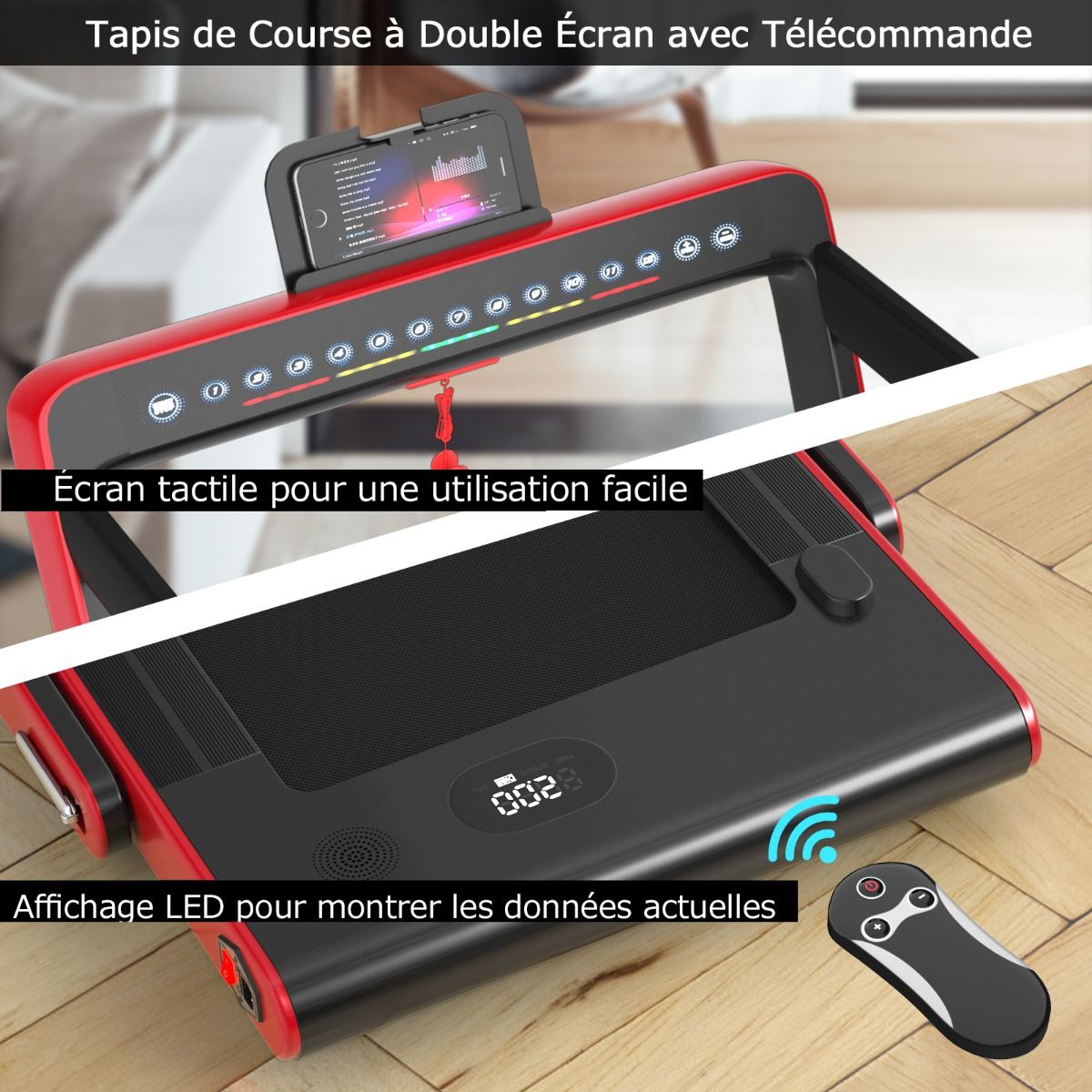 Tapis de Course Pliable 0,75HP Double Affichage LED APP et Télécommande Vitesse Motorisé 12 km/h Surface 40x100cm Rouge -