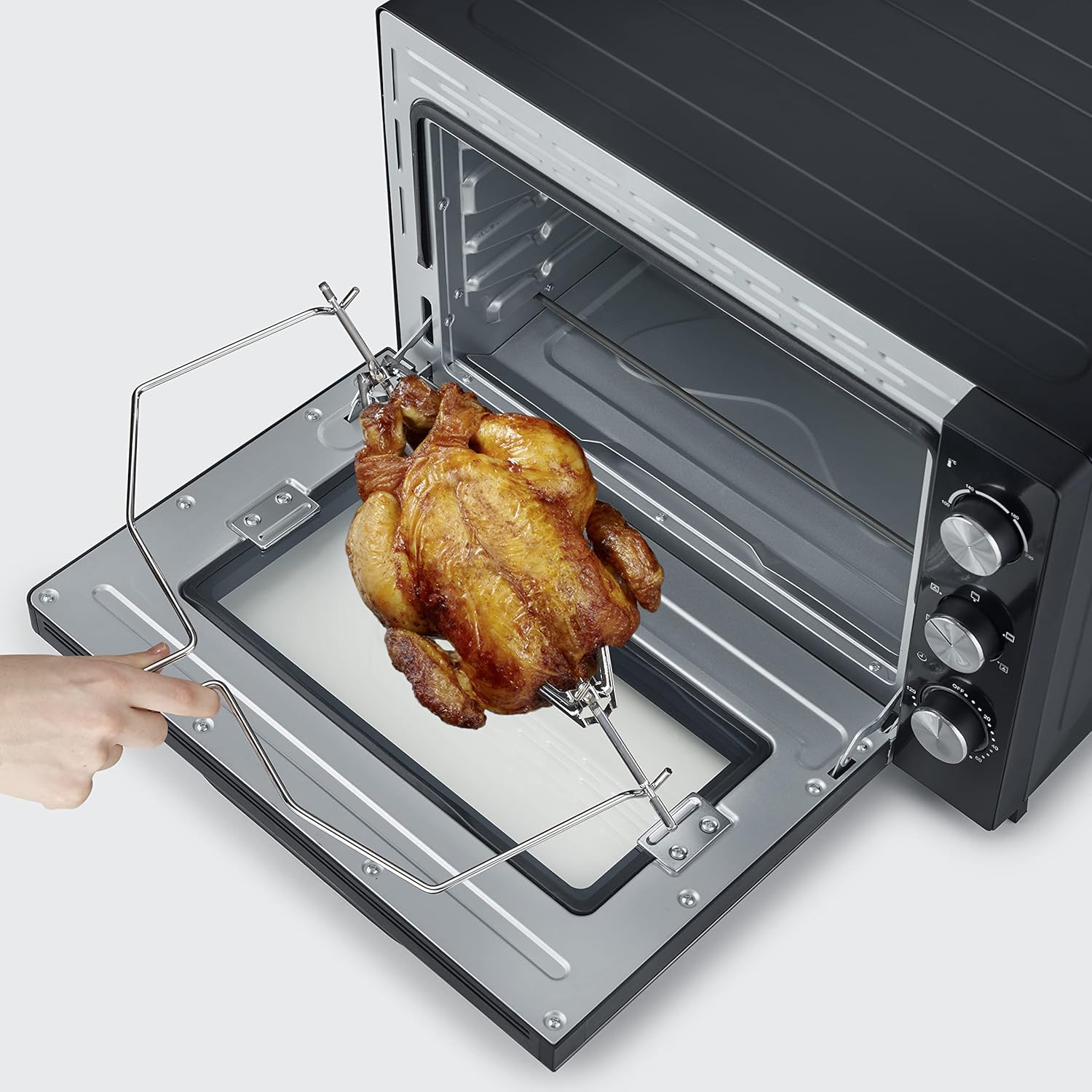 SEVERIN Four posable XXL à Chaleur Tournante 60 L avec pierre à pizza et tournebroche 2 200 W design simple et élégant, Four électrique avec minuteur 120 min, Noir/Inox, TO 2073