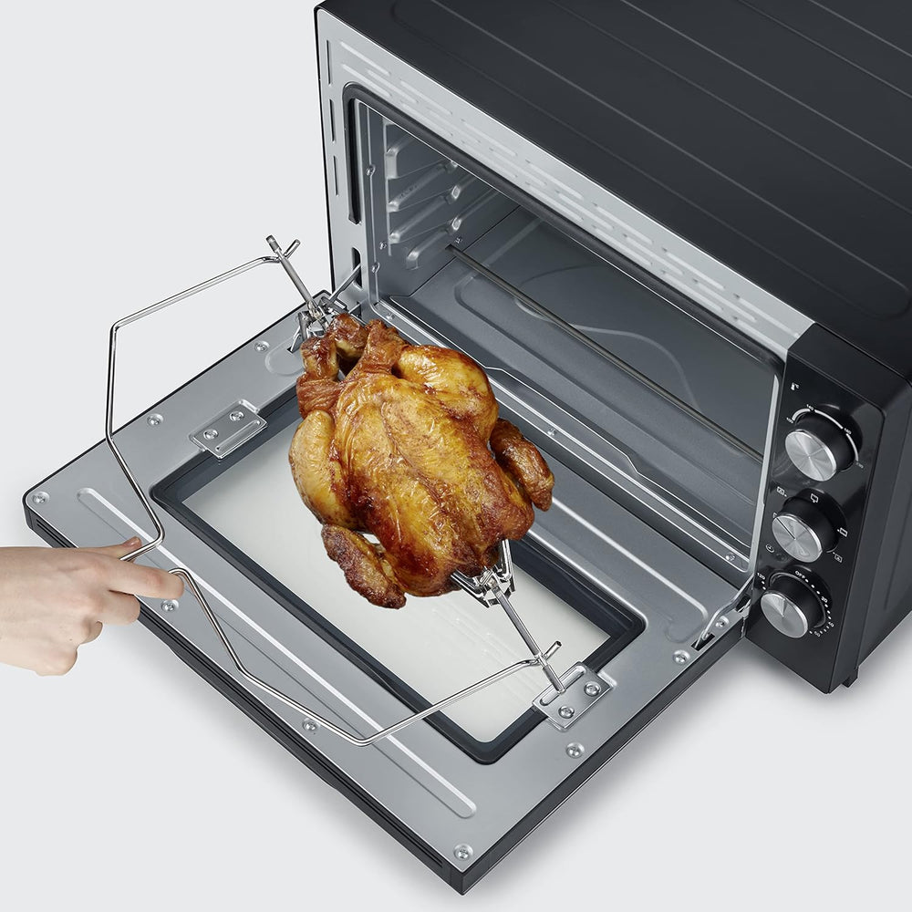 SEVERIN Four posable XXL à Chaleur Tournante 60 L avec pierre à pizza et tournebroche 2 200 W design simple et élégant, Four électrique avec minuteur 120 min, Noir/Inox, TO 2073