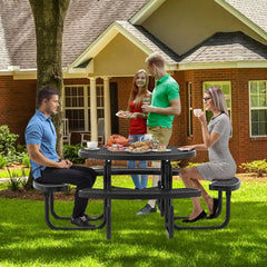 Table de Pique-Nique Ronde avec 4 Bancs Intégrés pour 8 Personnes Table de Camping en Métal avec Sièges et Trou pour Parasol 202x75cm Noir -