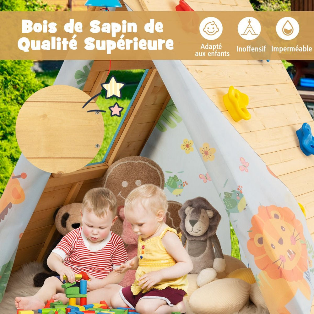 Maison de Jardin Enfants 2 en 1 avec Escalade Cloche Impermable Cabane en Bois de Sapin Exterieur et Intrieur 3-8 Ans -