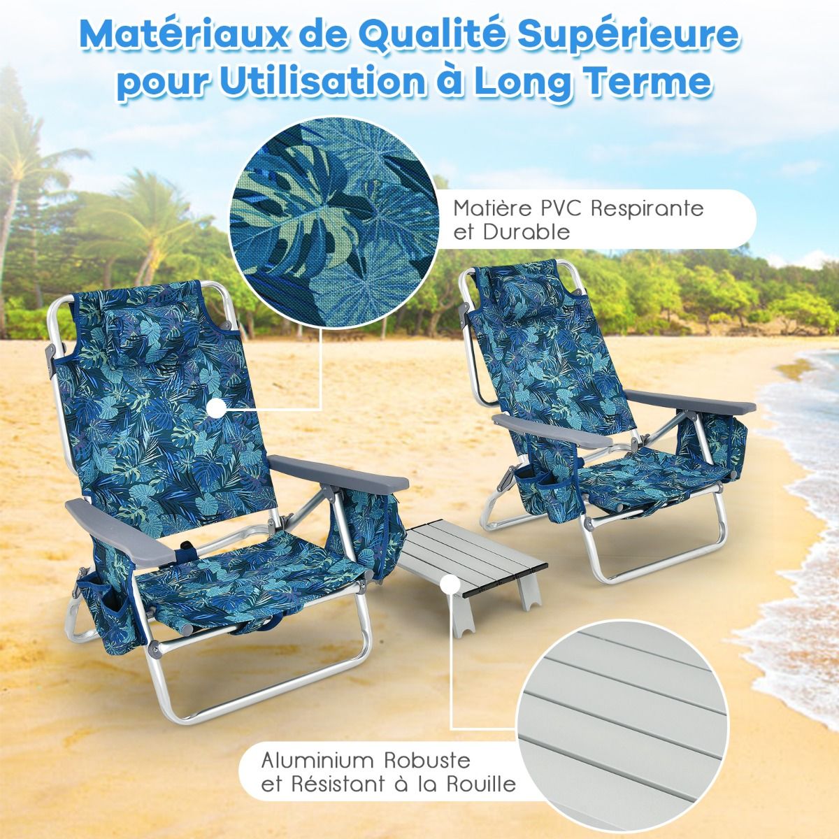 Lot de 2 Chaises de Camping Plage Pliante Table Enroulable en Aluminium Appui-tête Dossier Réglable à 5 Positions 6 Couleurs au Choix -