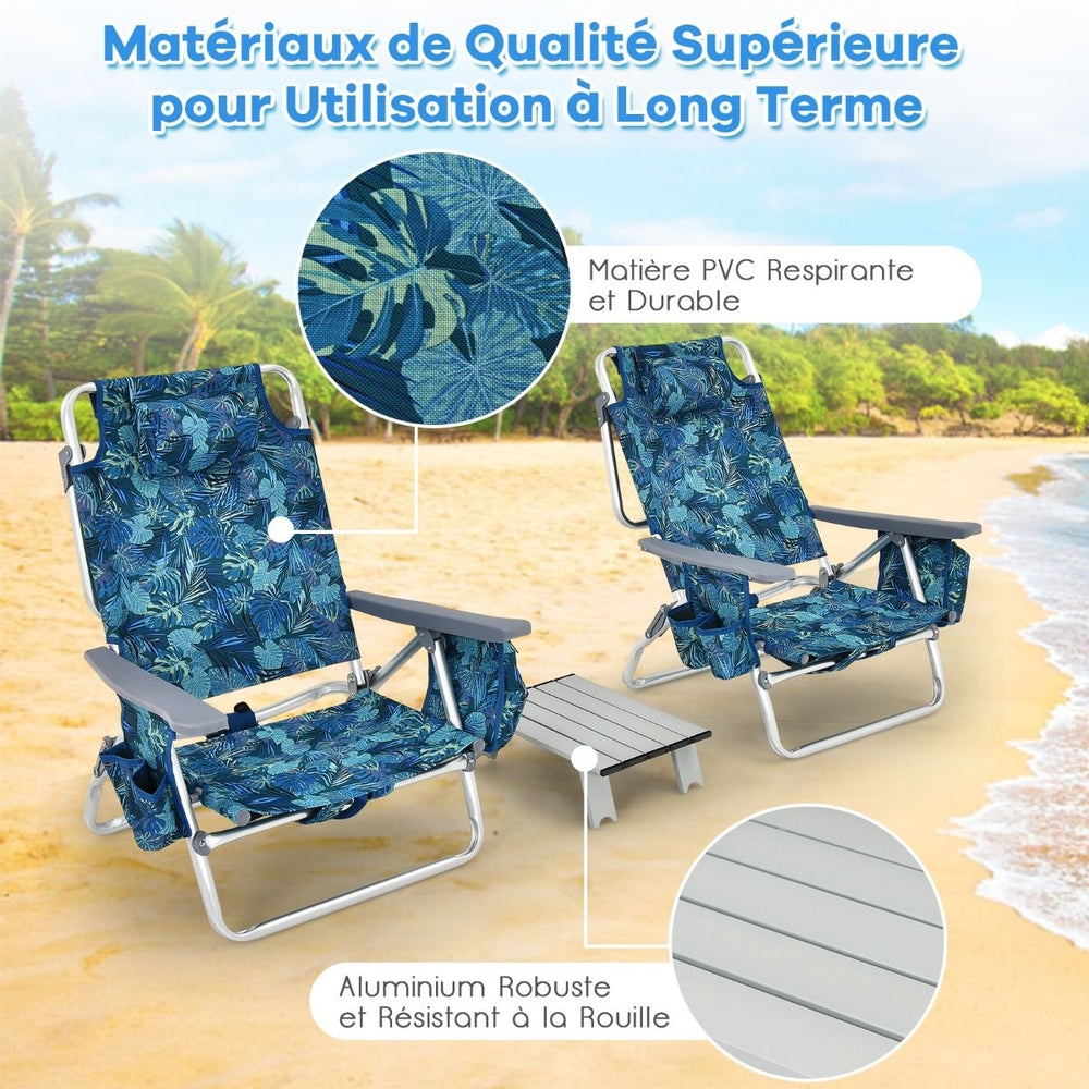 Lot de 2 Chaises de Camping Plage Pliante Table Enroulable en Aluminium Appui-tête Dossier Réglable à 5 Positions 6 Couleurs au Choix -