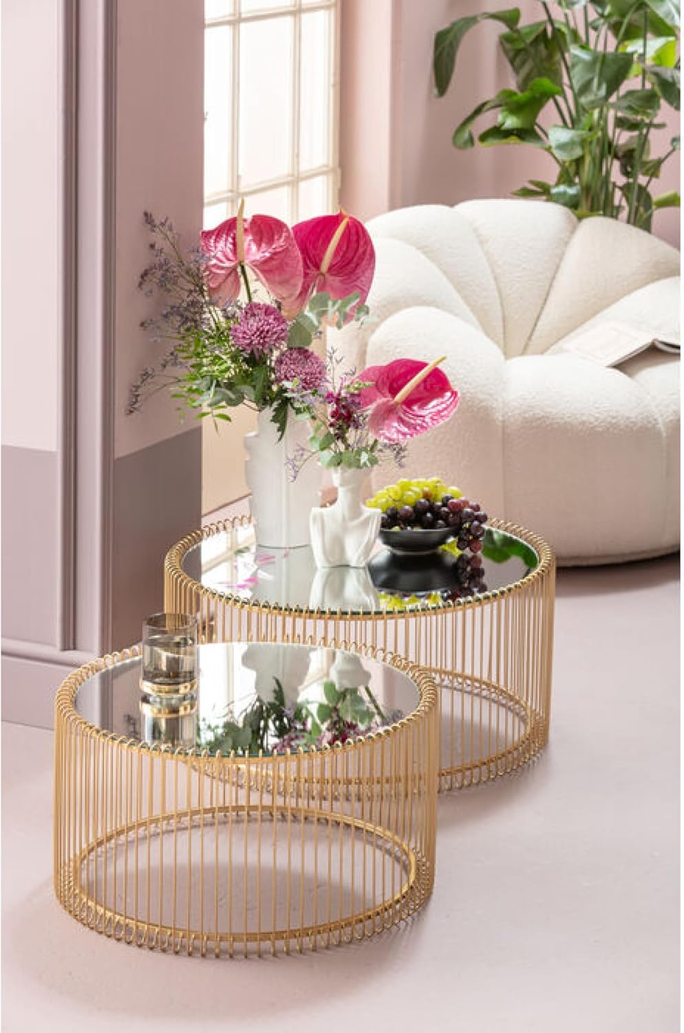 Kare Design Tables Basses Wire, Lot de 2, Laiton/Miroir, Rond, Acier, Plateau de Table en Verre, Diamètre 70/60cm, Style Moderne, Élégante, Table Basse Salon, Deco Intérieur, Décoration Chambre