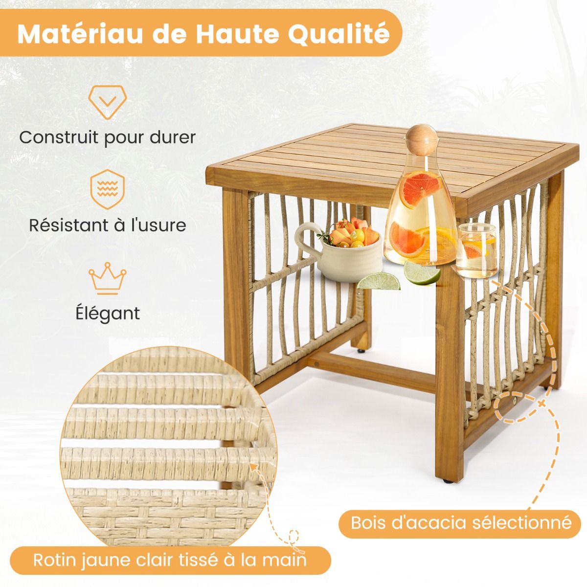 Salon de Jardin avec 1 Table et 2 Fauteuils en Bois d'Acacia et Rotin Anti-UV Pieds Réglables Coussins avec Zip Nautel -