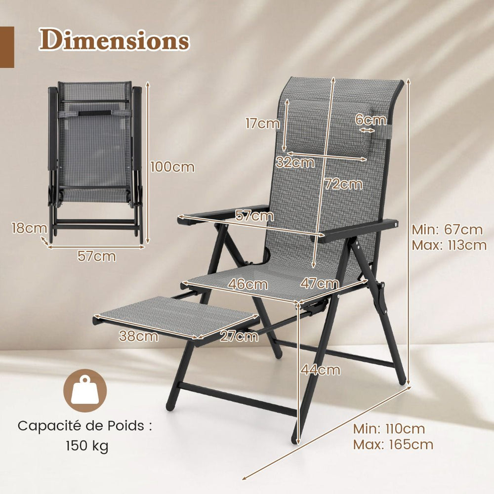 Lot de 2 Chaises Longues Pliantes et Inclinables Dossiers et Accoudoirs Réglables à 10 Niveaux Repose-Pied Rétractable Capacité 150 Kg Gris -