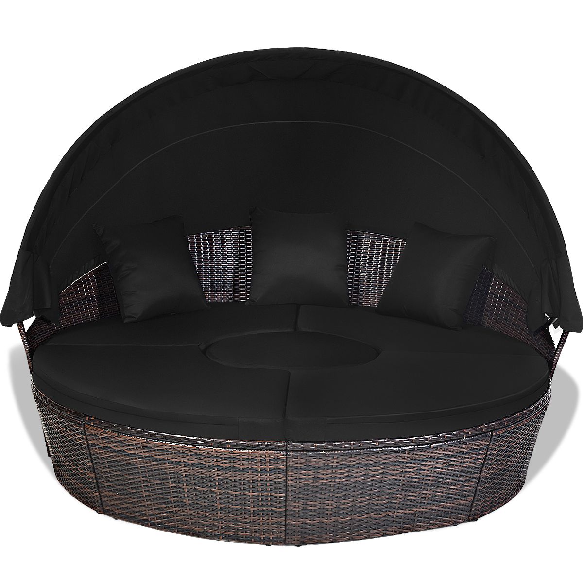 Lit de Jardin Rond d'Exterieur Table Relevable Modulable & Convertible - Pare Soleil Réglable rotin PE Coussins Inclus Noir -