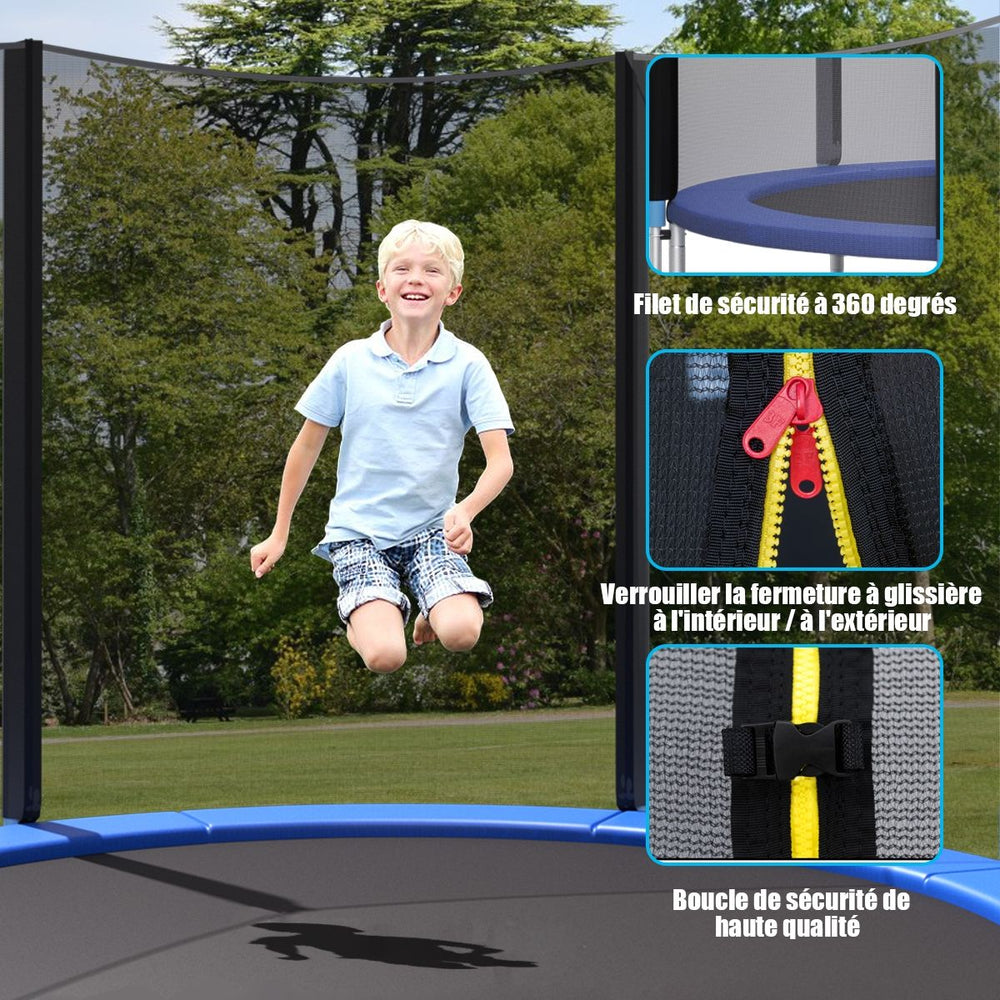 Trampoline de Jardin 脴 305cm avec Filet de Scurit Porte Entre Echelle Noir et Bleu -