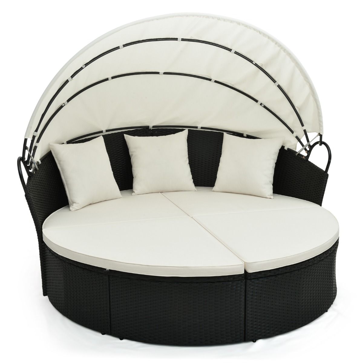 Lit Canapé de Jardin Rond en Rotin PE Auvent Rétractable Coussins et Oreillers Amovibles Salon de Jardin Modulable Blanc -