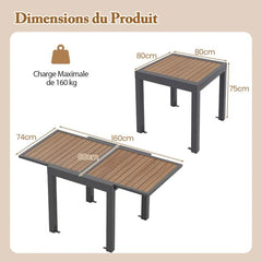 Table de jardin extensible en aluminium ajustable de 80 à 160 cm table à manger extérieure rectangulaire pour 4-6 personnes naturel 20_0009421 -