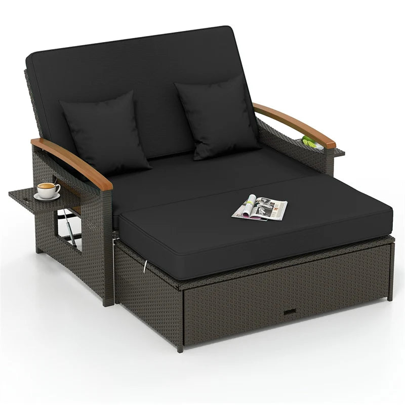 Patio Rattan Daybed with Adjustable Backrest, 2-Person Outdoor Wicker Loveseat with Storage Ottoman, Acacia Wood Armrest & Folding Tray