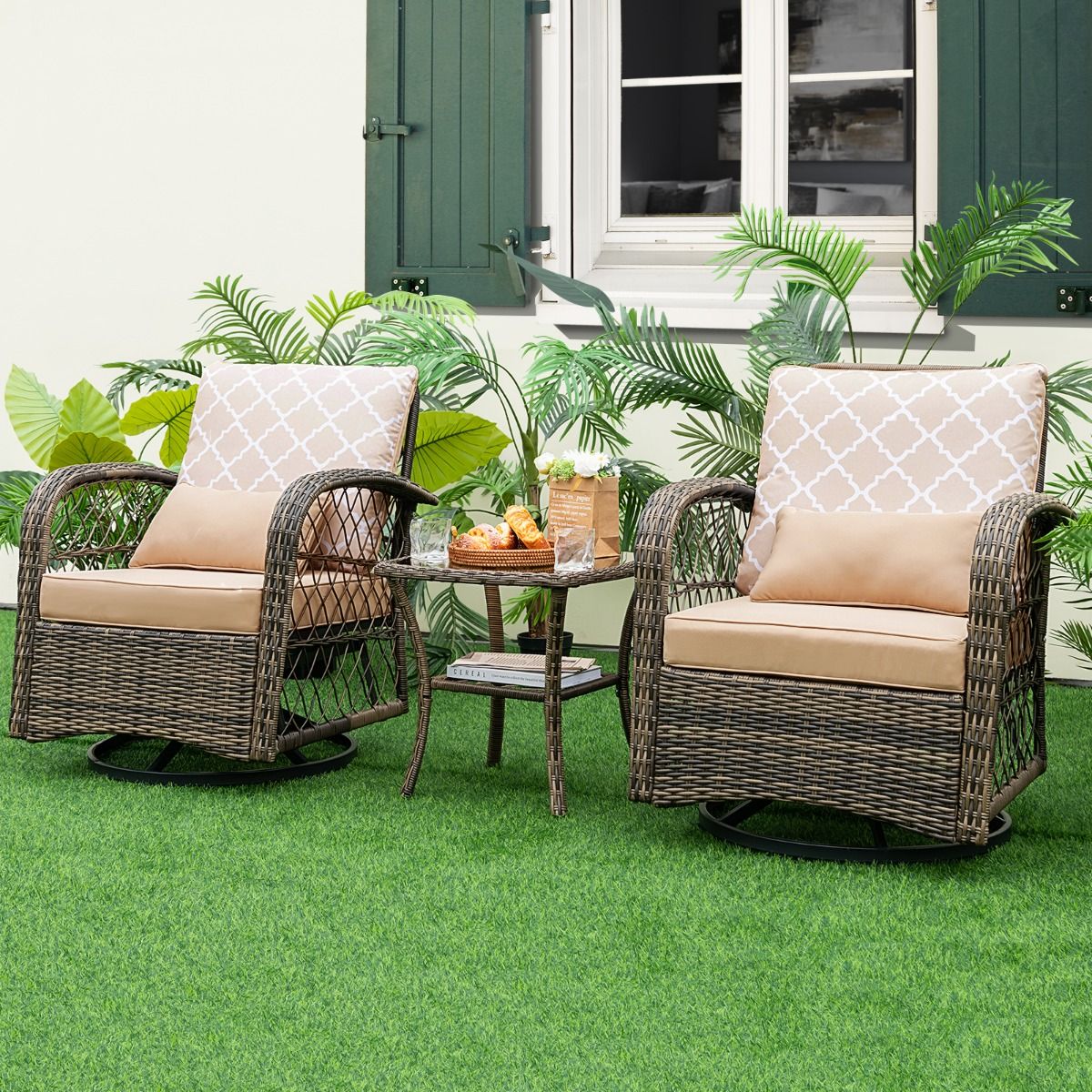 Salon de Jardin Extérieur 3PCS - 2 en Fauteuils à Bascule Pivotant à 360°Rotin PE Cadre Métal our Terrasse Balcon -