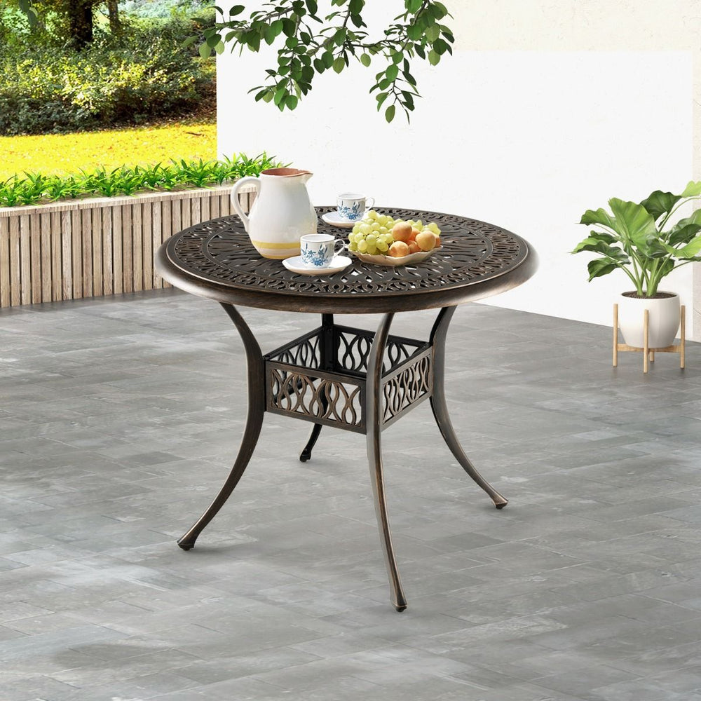 Table Jardin Ronde en Aluminium coulé 90x90x74CM avec Trou pour Parasol 5CM Table Extérieure avec Pied Réglable Antidérapant -