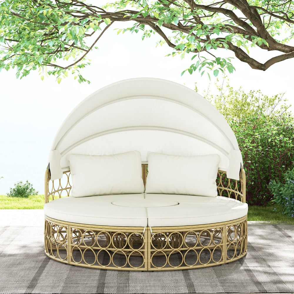 Lit de Repos Rond pour Patio avec Auvent Rétractable Ensemble de Siège Sectionnels Séparés en Rotin PE avec Coussins Doux Blanc -