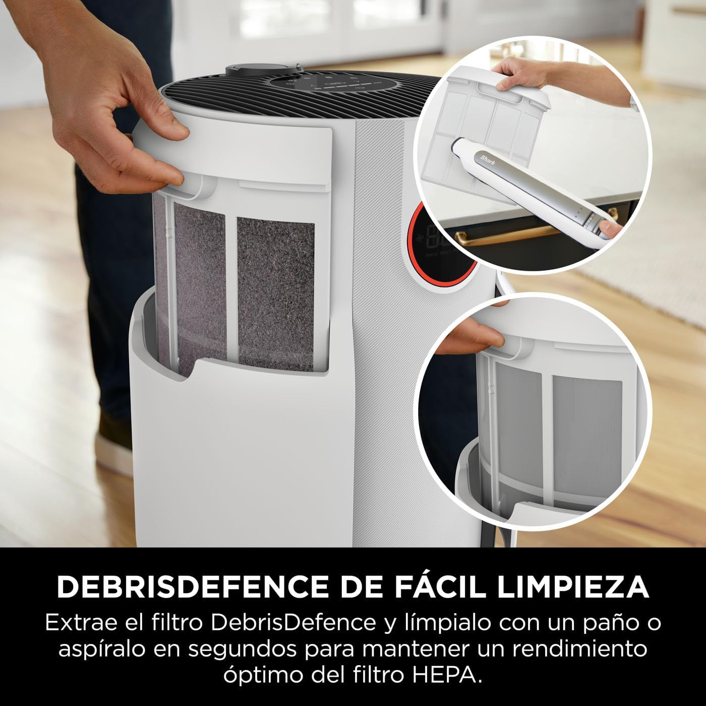 Shark NeverChange jusqu'à 5 ans Purificateur d'air, Filtre HEPA 5 ans, Couverture 60m², Capture 99,97% des Allergènes, Mode Automatique,Silencieux, Affichage LED, pour Maison et Chambre, Blanc HP150EU