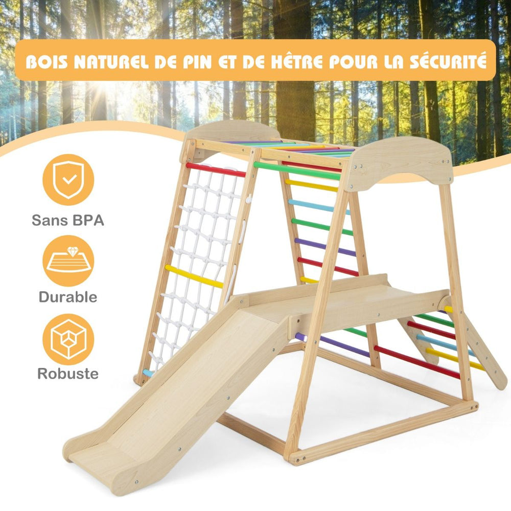 Triangle d'Escalade 6 en 1 en Bois avec Toboggan et Filet Barre pour Grimper Ramper et Glisser 1 An+ Coloré/Naturel -