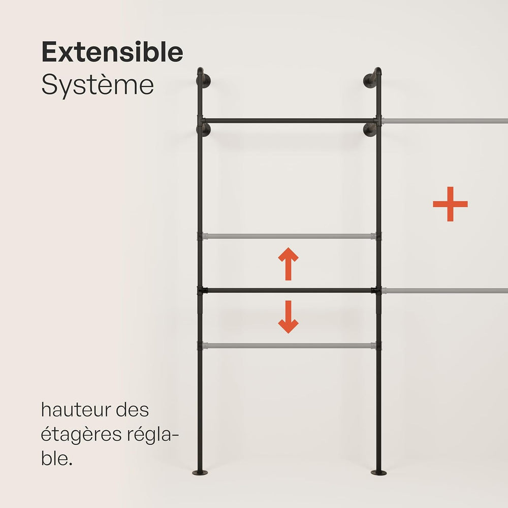 pamo penderie murale - capacité de charge 400 kg - penderie ouverte ou porte-manteau en métal noir industriel fabriqué à partir des tuyaux d’eau
