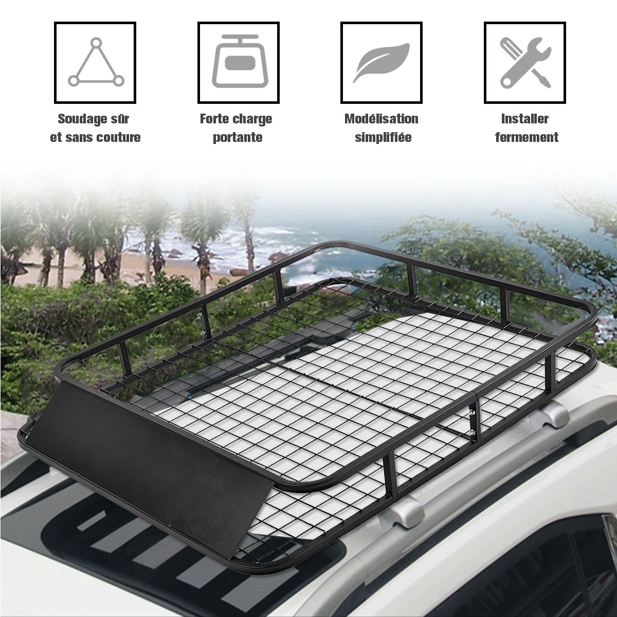 Porte-Bagages de Toit pour Voiture en Mtal 122,5x102CM avec Dflecteur d橝ir Capacit 75 KG Noir Accessoires Automobiles -
