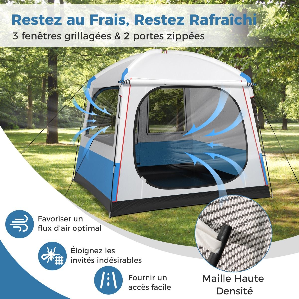 Tente de Camping pour 5 Personnes Tente D么me tanche avec Porte et Fen锚tres en Maille Sac de Transport 248x248x230cm Bleu + Blanc -
