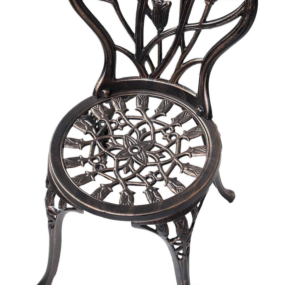 Salon de jardin avec 1 table ronde et 2 chaises en fonte d’aluminium Style rétro avec motif tulipe avec trou de parasol -