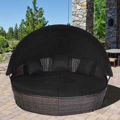 Lit de Jardin Rond d'Exterieur Table Relevable Modulable & Convertible - Pare Soleil Réglable rotin PE Coussins Inclus Noir -