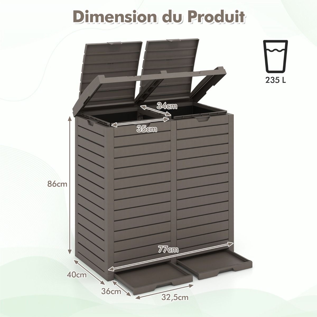 Poubelle d'Extrieur 135 L Poubelle Etanche  Double Seau Couvercle  Plusieurs Niveaux Bac d'Egouttage Poigne Dcoupe Poubelle Marron -