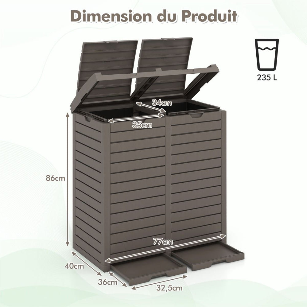 Poubelle d'Extrieur 135 L Poubelle Etanche  Double Seau Couvercle  Plusieurs Niveaux Bac d'Egouttage Poigne Dcoupe Poubelle Marron -