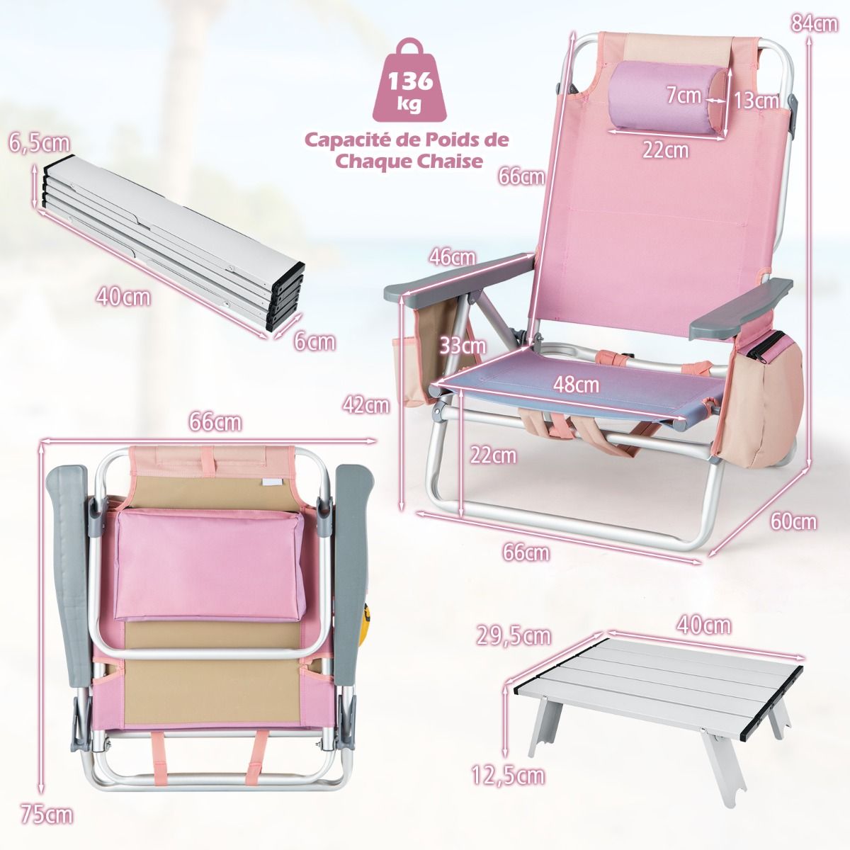Lot de 2 Chaises de Camping Plage Pliante Table Enroulable en Aluminium Appui-tête Dossier Réglable à 5 Positions 6 Couleurs au Choix -