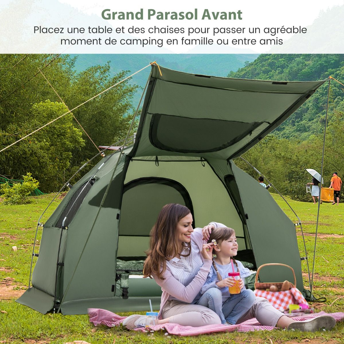 Tente de Camping avec Lit pour 1 Personne Lit de Camping Pliant 5 en 1 avec Matelas Pneumatique Oreiller Sac de Couchage Tente Surleve tanche -