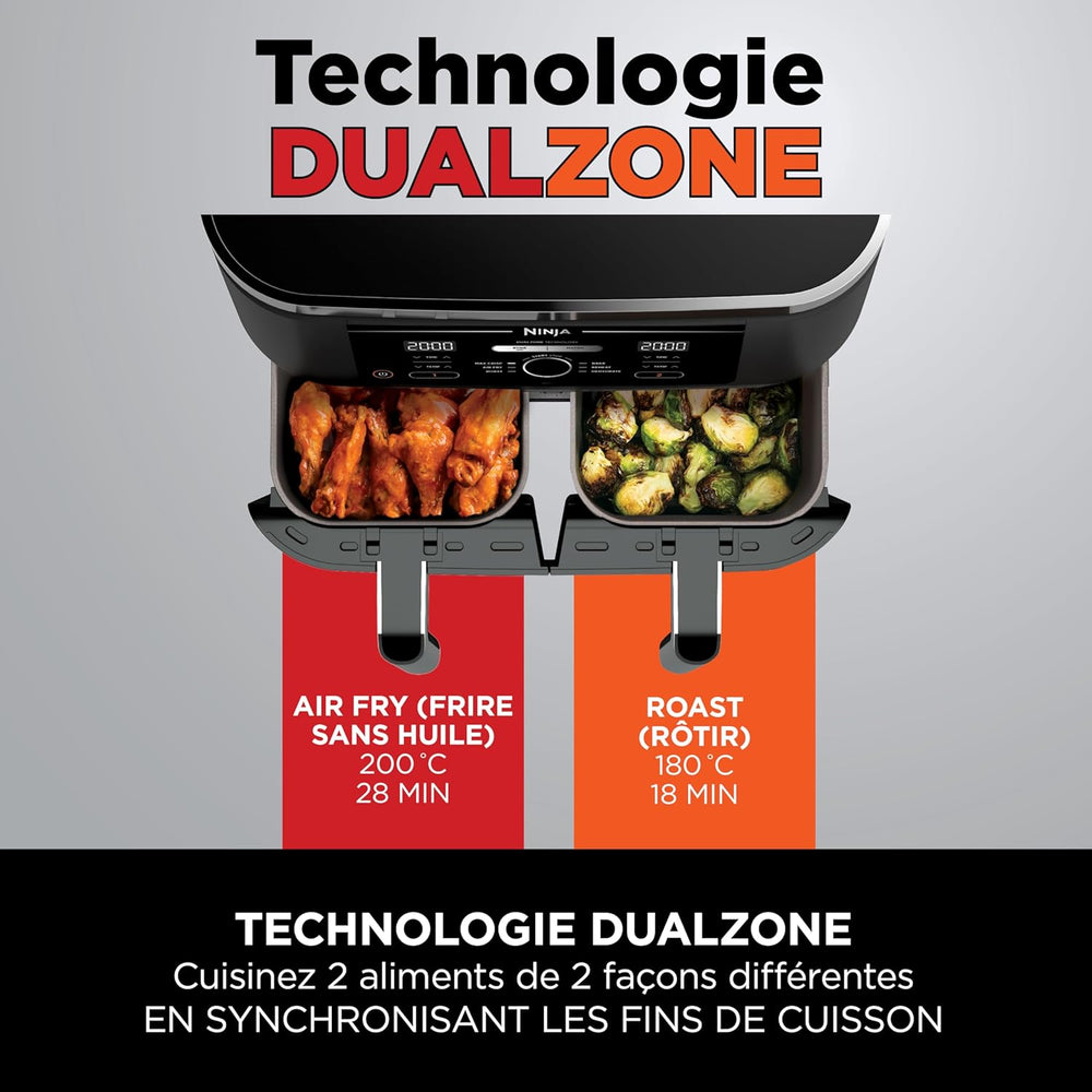 Foodi FlexDrawer Air Fryer,Dual Zone Avec Sparateur Amovible,Grand Tiroir de 10,4 L,7-en-1,Double Zone,Sans Huile,Pices Antiadhsives Compatibles Au Lave-Vaisselle,Noir AF500EU