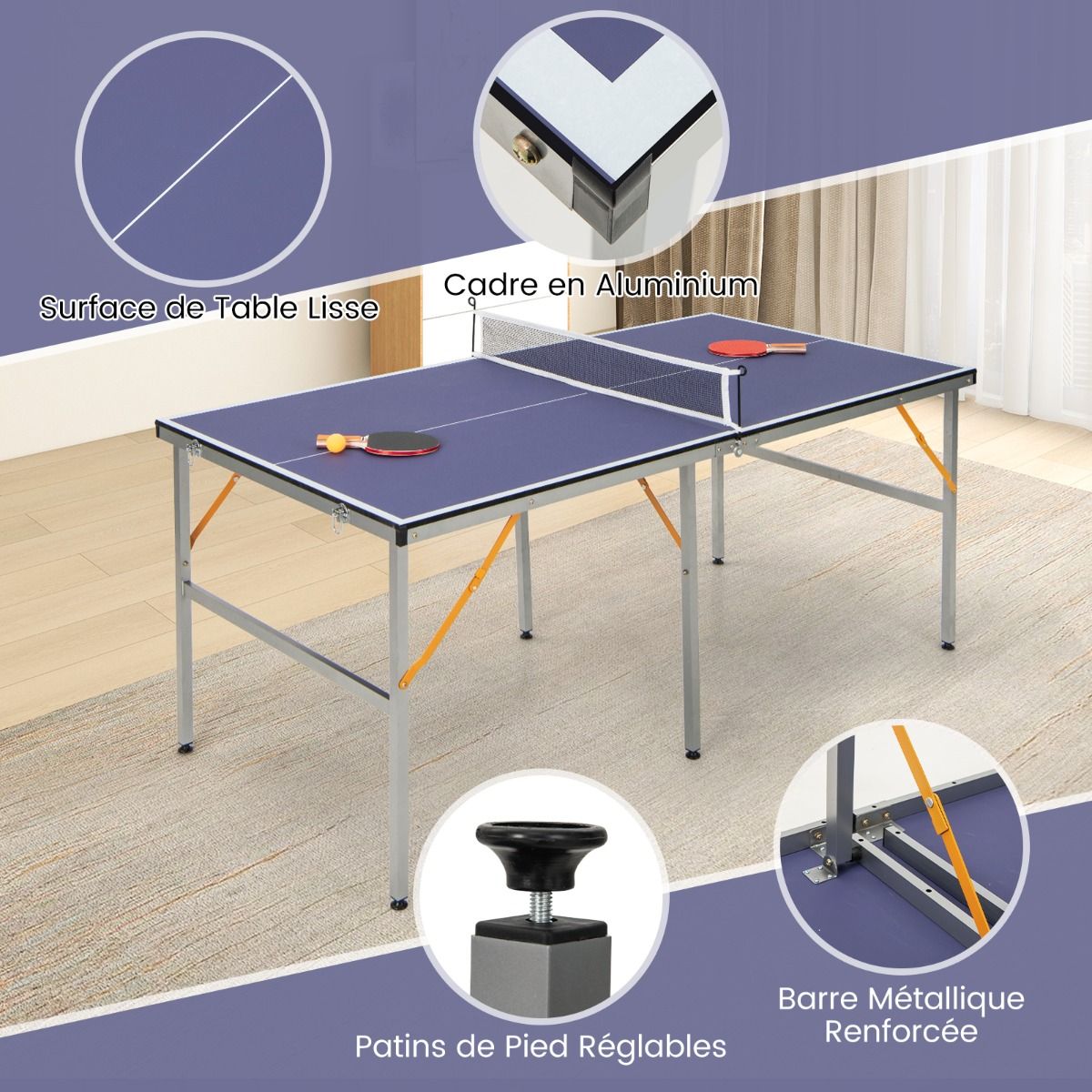 Table de Ping-Pong Pliable Peu Encombrante avec Filet Tennis de Table avec 2 Raquettes 3 Balle Pieds Réglables 180 x 90 x 76 cm -