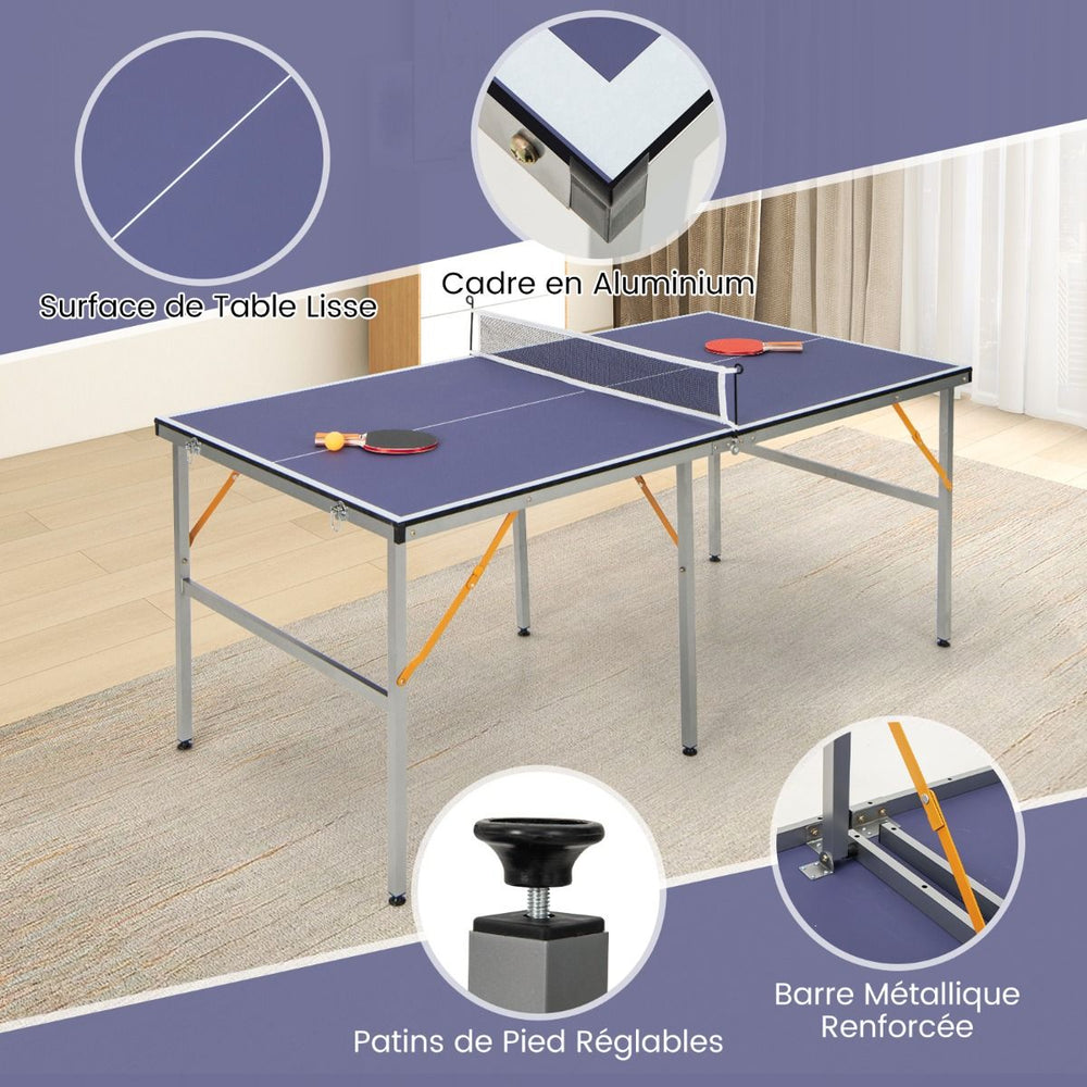 Table de Ping-Pong Pliable Peu Encombrante avec Filet Tennis de Table avec 2 Raquettes 3 Balle Pieds Réglables 180 x 90 x 76 cm -