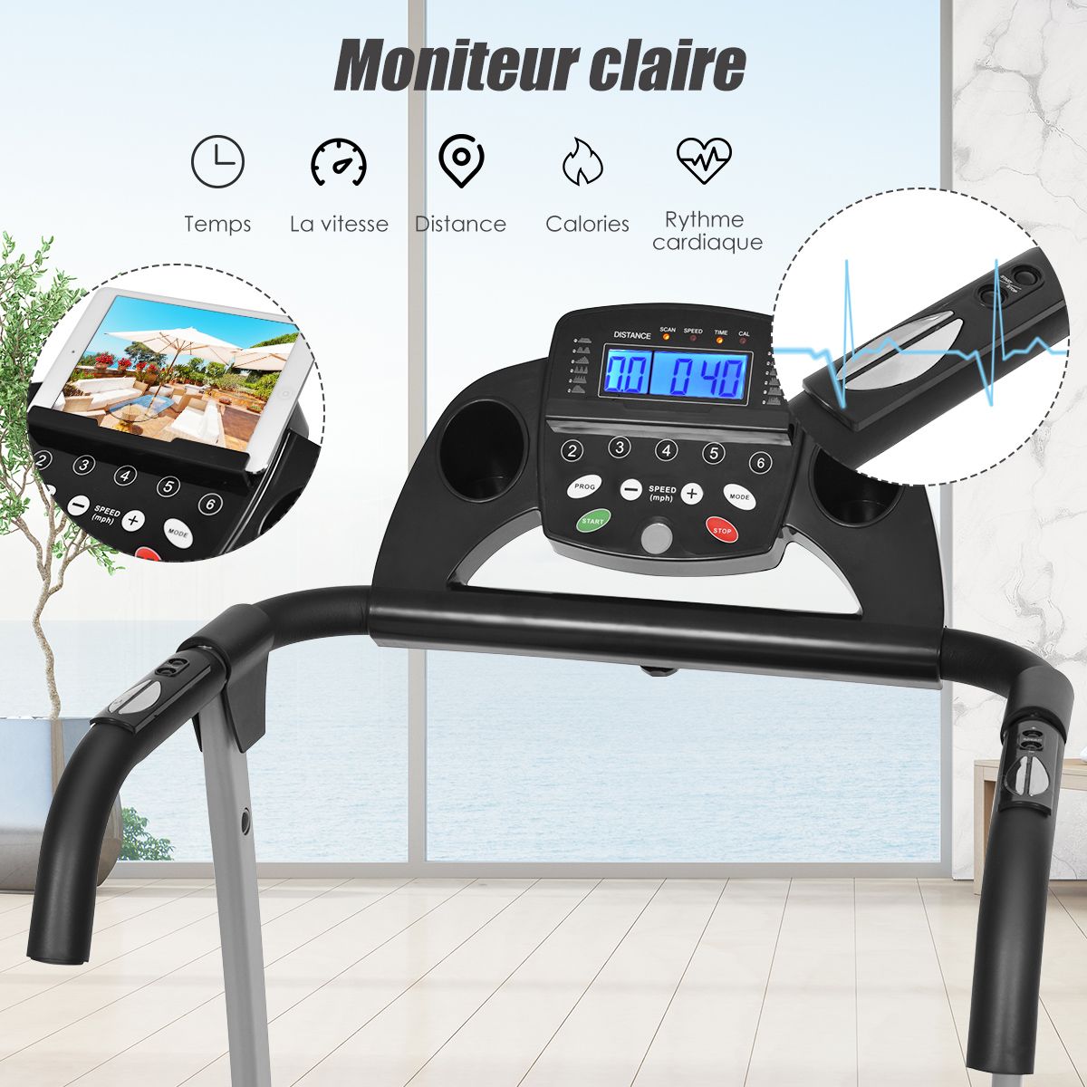 Tapis de Course lectrique Pliable avec cran et Moniteur de Frquence Cardiaque avec Vitesse de 1  10 km/h et 12 Programmes Noir -