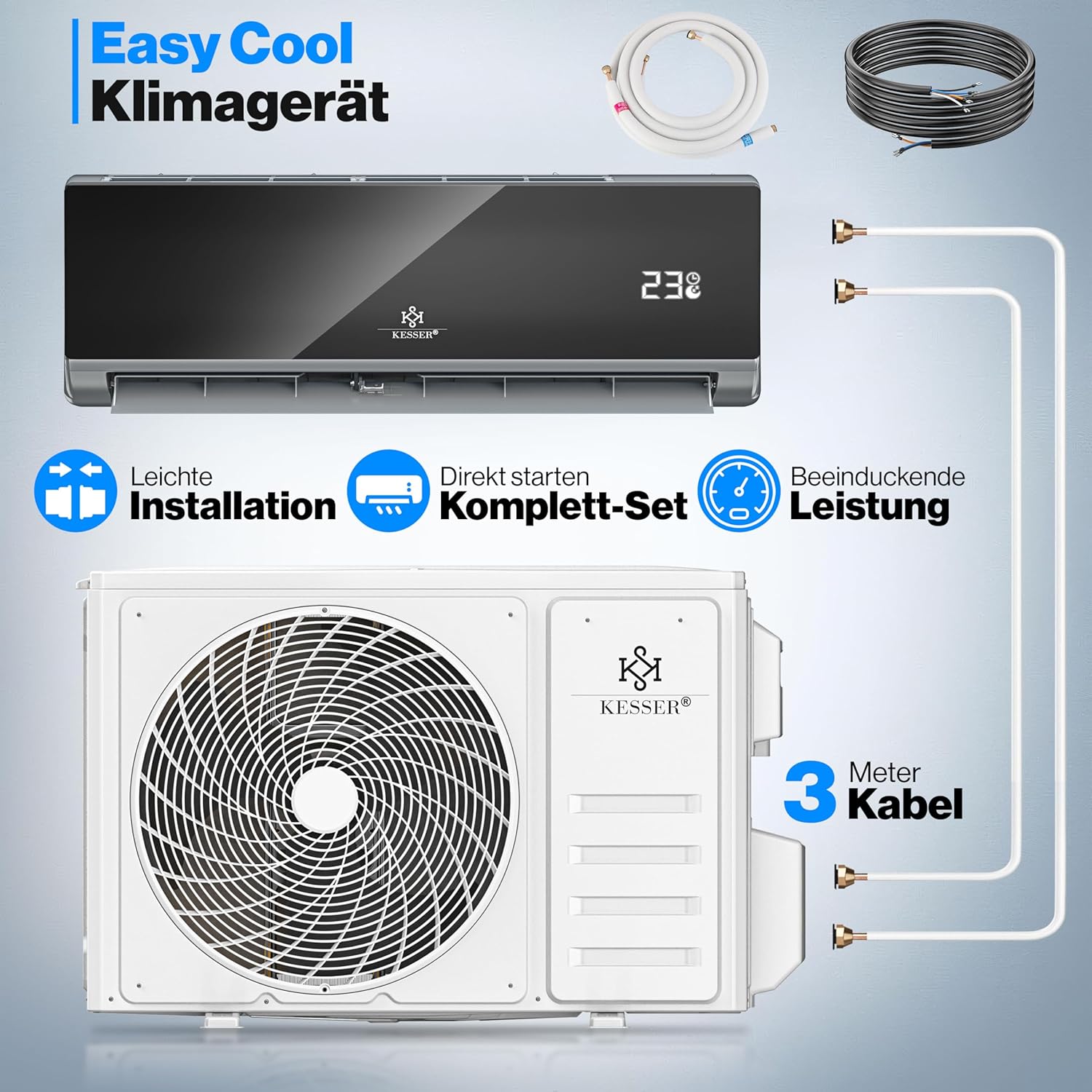 KESSER® Climatisation SET réversible - Climatiseur avec fonction WiFi/Application - Refroidissement A++/ Chauffage A+ Fluide réfrigérant R32 - Écran LCD Split 9000 BTU/h / 2600 Watt - Anthrazit
