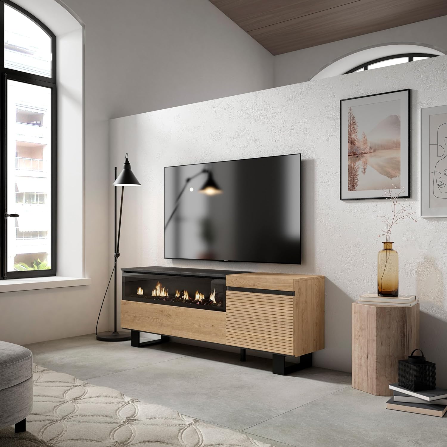 Skraut Home | Meuble TV | Banc Télé | Grand Espace de Rangement | 150x57x35cm | pour Les TV jusqu'à 65" | Cheminée électrique | Design Industriel | Style Moderne | Chêne