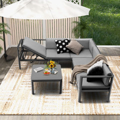 Salon de Jardin Extrieur avec Table Basse en Verre Tremp Canapavec Dossier Inclinable  6 Niveaux Coussins Inclus Gris -
