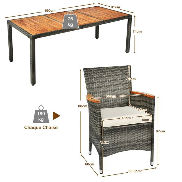 Salon de jardin avec 1 table et 8 chaises en bois et rotin anti-uv pieds rglables et coussins impermables inclus 20_0009211 -