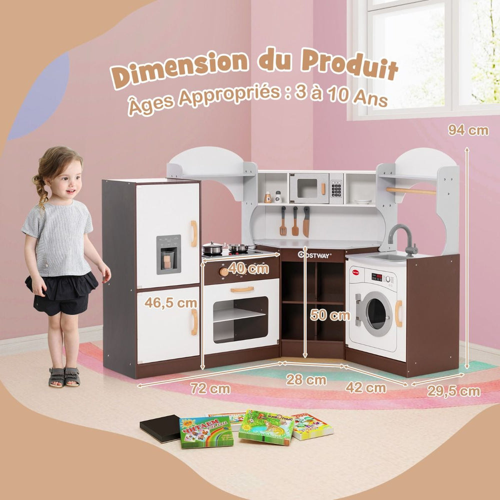 Jeu de Cuisine d'Angle pour Enfants de 3 Ans et Plus en Bois Machine à Glaçons Porte-serviettes Accessoires Effets Sonores et Lumineux -