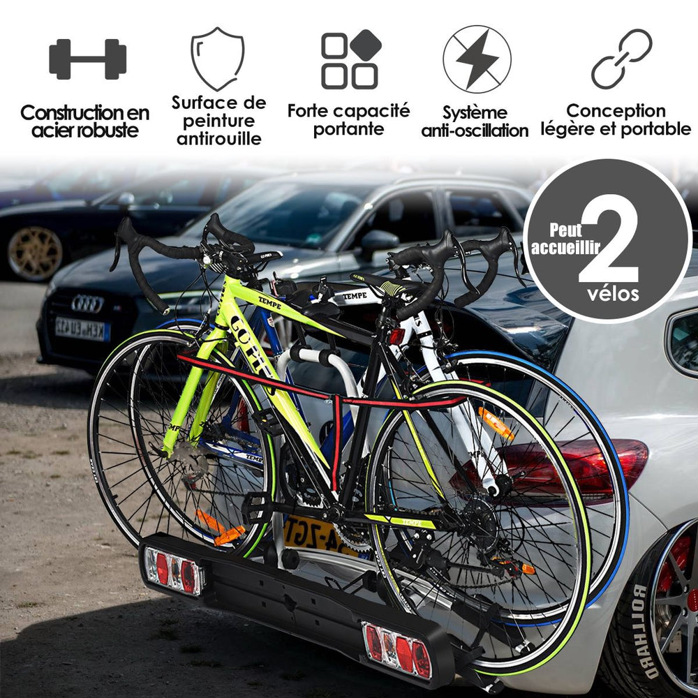 Porte-vélos pour Attelage sur SUV Berline Fourgon pour 2 Vélos Conception Intelligente de Basculement 113x72x63cm -