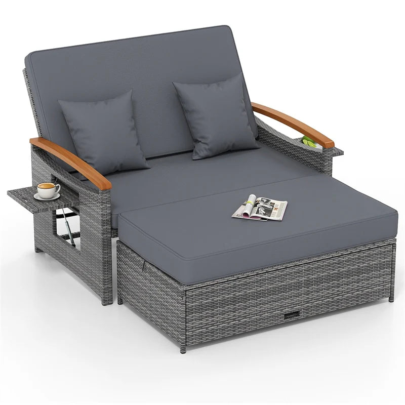Patio Rattan Daybed with Adjustable Backrest, 2-Person Outdoor Wicker Loveseat with Storage Ottoman, Acacia Wood Armrest & Folding Tray
