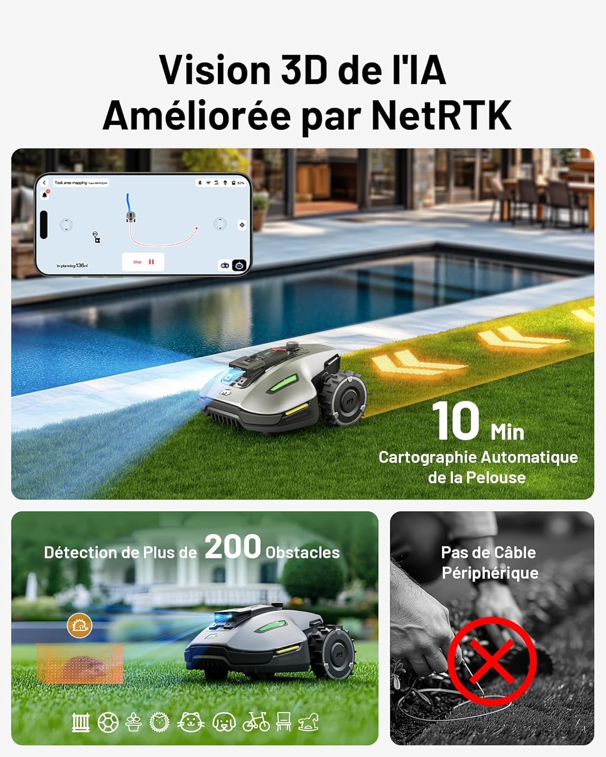 MAMMOTION YUKA Mini 700 Robot Tondeuse sans Fil Périphérique, NetRTK+Vision, Aucune Antenne RTK Requise, Recommandé 700 m², Pente à 50%, Cartographie Automatique, avec Module 4G