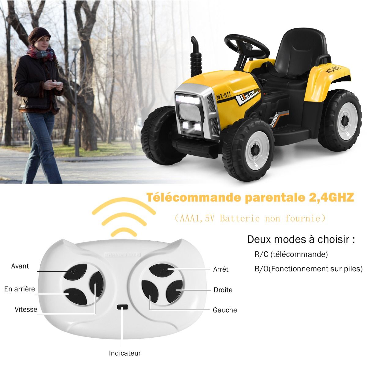 Tracteur Electrique avec Remorque pour Enfants 3 Vitesses Lumires LED Fonctions o USB et Bluetooth Jaune/Rose/Rouge/Vert/Vert Fonc/Noir -