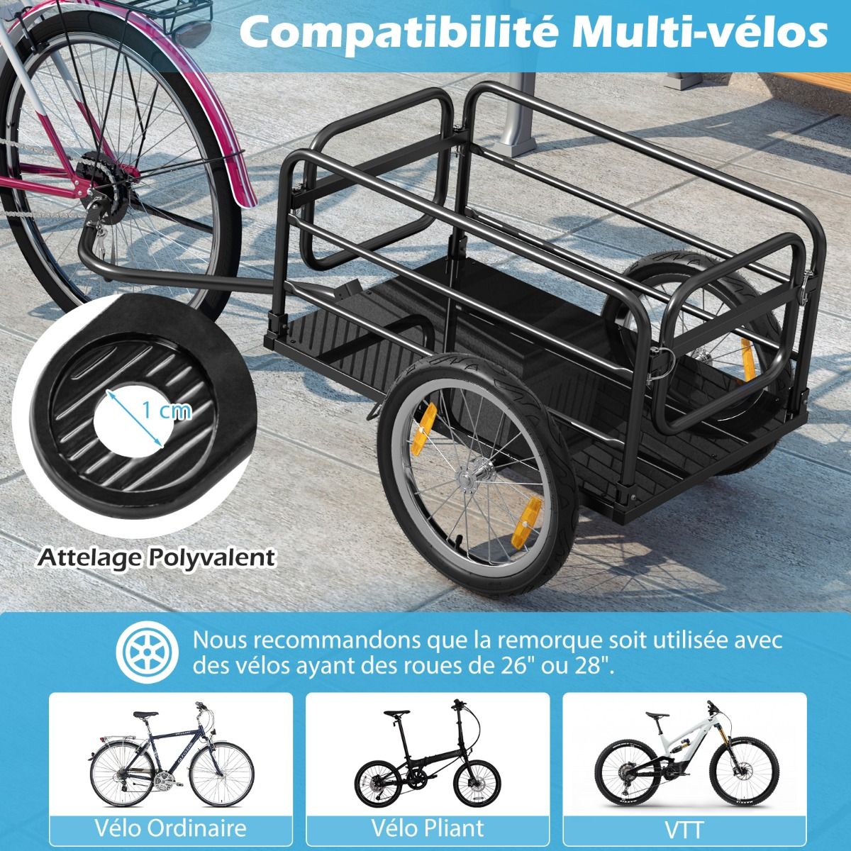 Remorque de Vélo avec Cadre Pliable Charge 55 kg Chariot pour Vélo avec Housse en Tissu Oxford Roues à Air de 40 cm Réflecteurs Bleu -