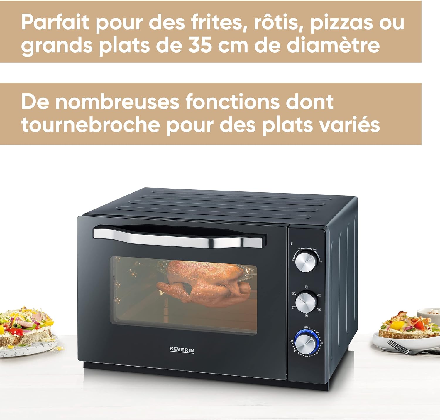 SEVERIN Four posable XXL à Chaleur Tournante 60 L avec pierre à pizza et tournebroche 2 200 W design simple et élégant, Four électrique avec minuteur 120 min, Noir/Inox, TO 2073